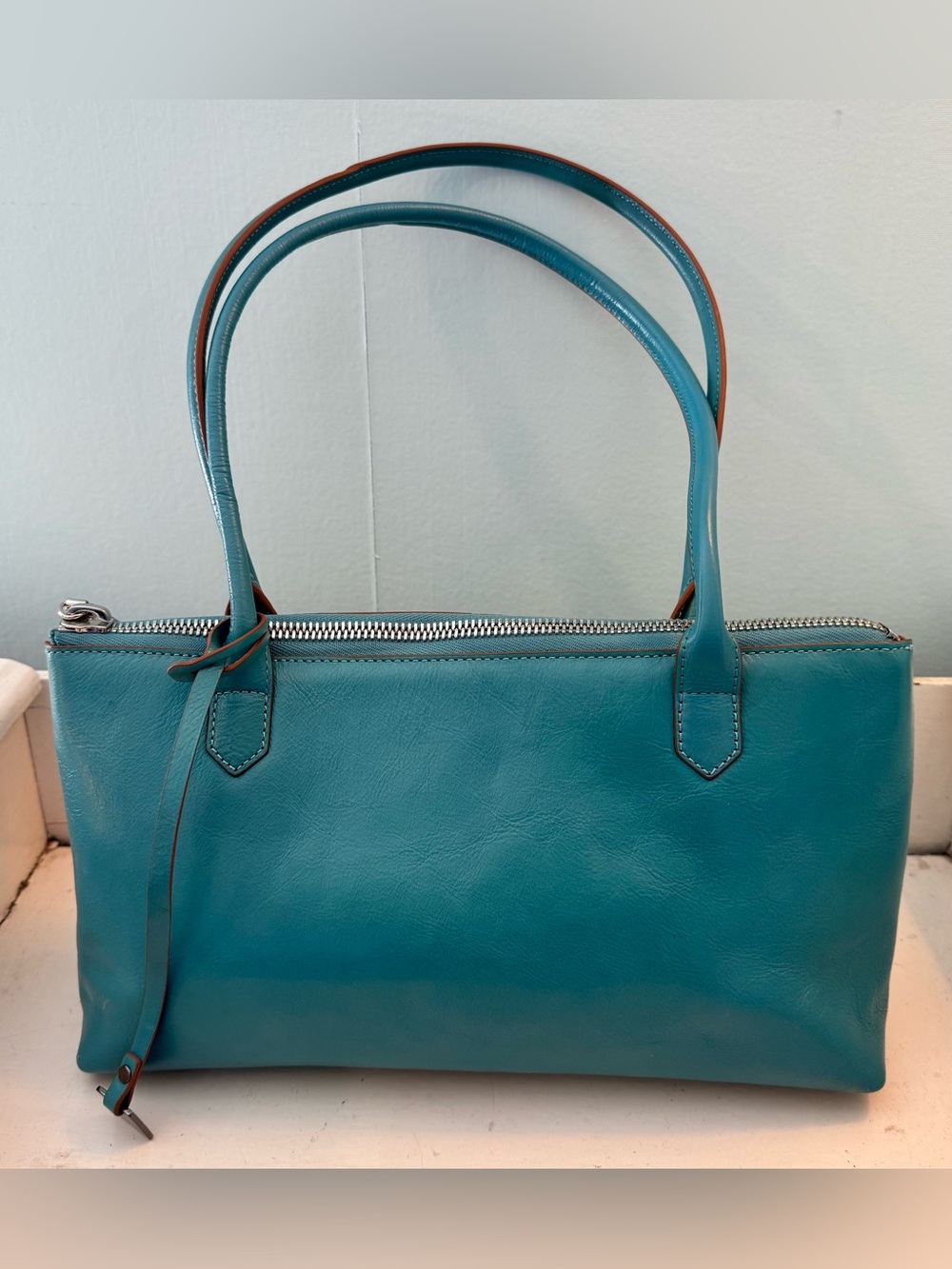 HOBO Blue Zip Top Satchel Top Handle Bag Silver Hardware
